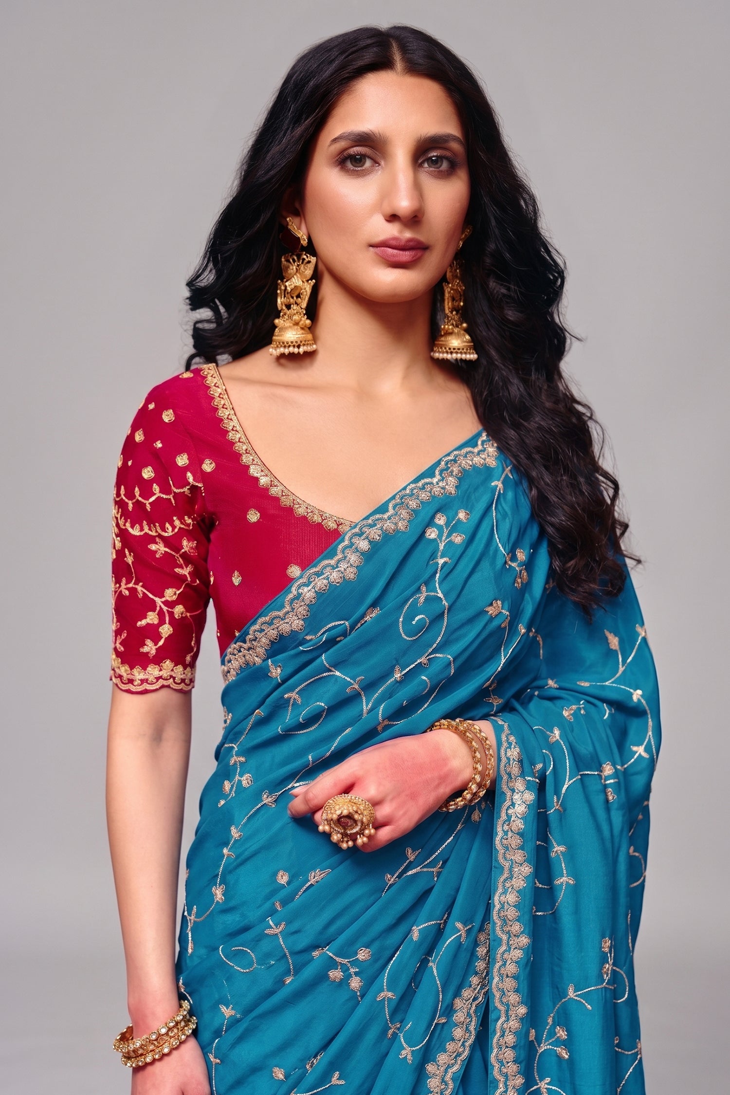 Vibrant Turquoise Satin Silk Saree with Heavy Sequin Embroidery And Pink Blouse Secondary image