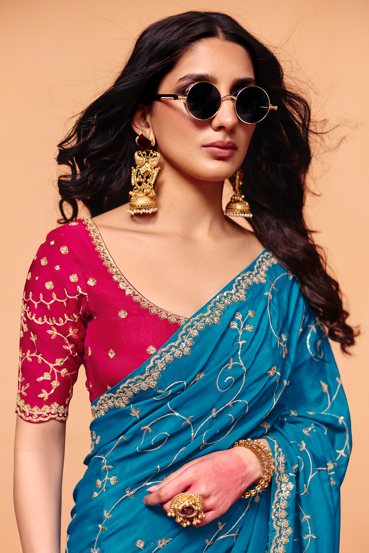 Vibrant Turquoise Satin Silk Saree with Heavy Sequin Embroidery And Pink Blouse