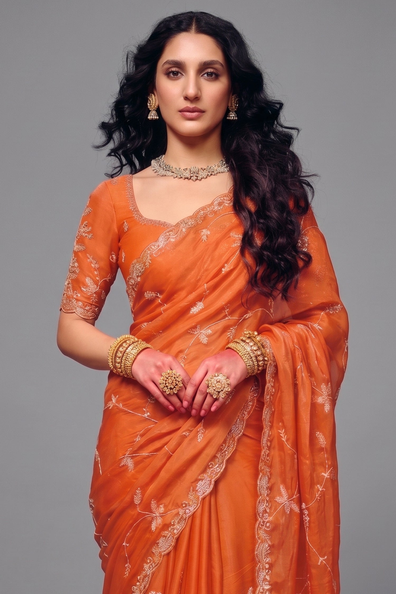 Tangerine Orange Organza Satin Saree Highlighted with Heavy Sequin Embroidery Secondary image