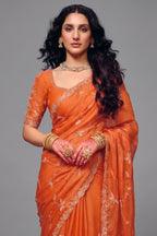 Tangerine Orange Organza Satin Saree Highlighted with Heavy Sequin Embroidery