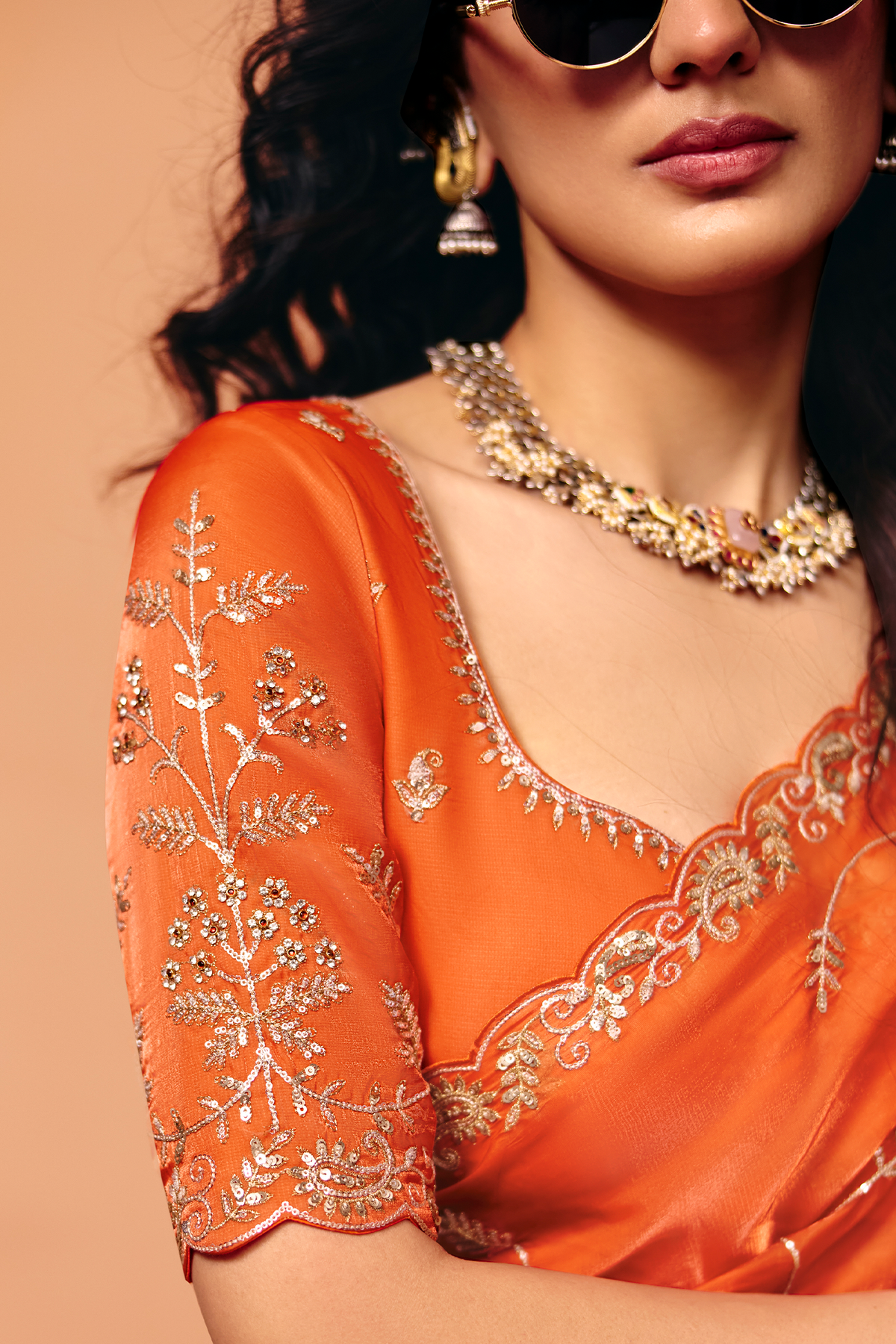 Tangerine Orange Organza Satin Saree Highlighted with Heavy Sequin Embroidery