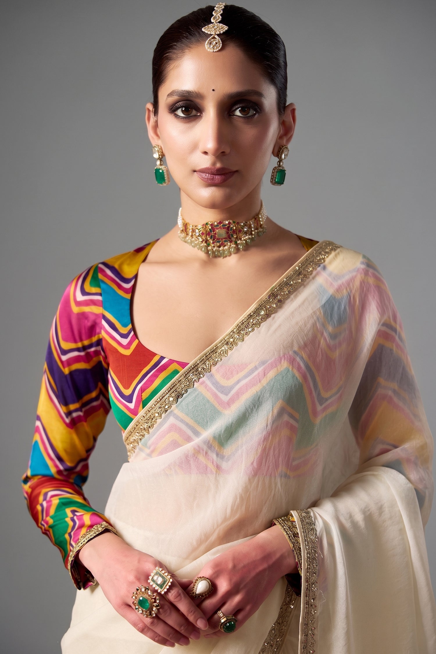 Ivory Cream Glass Tissue Saree with Sequin Butti Work And Multicolored Digital Print Blouse Secondary image