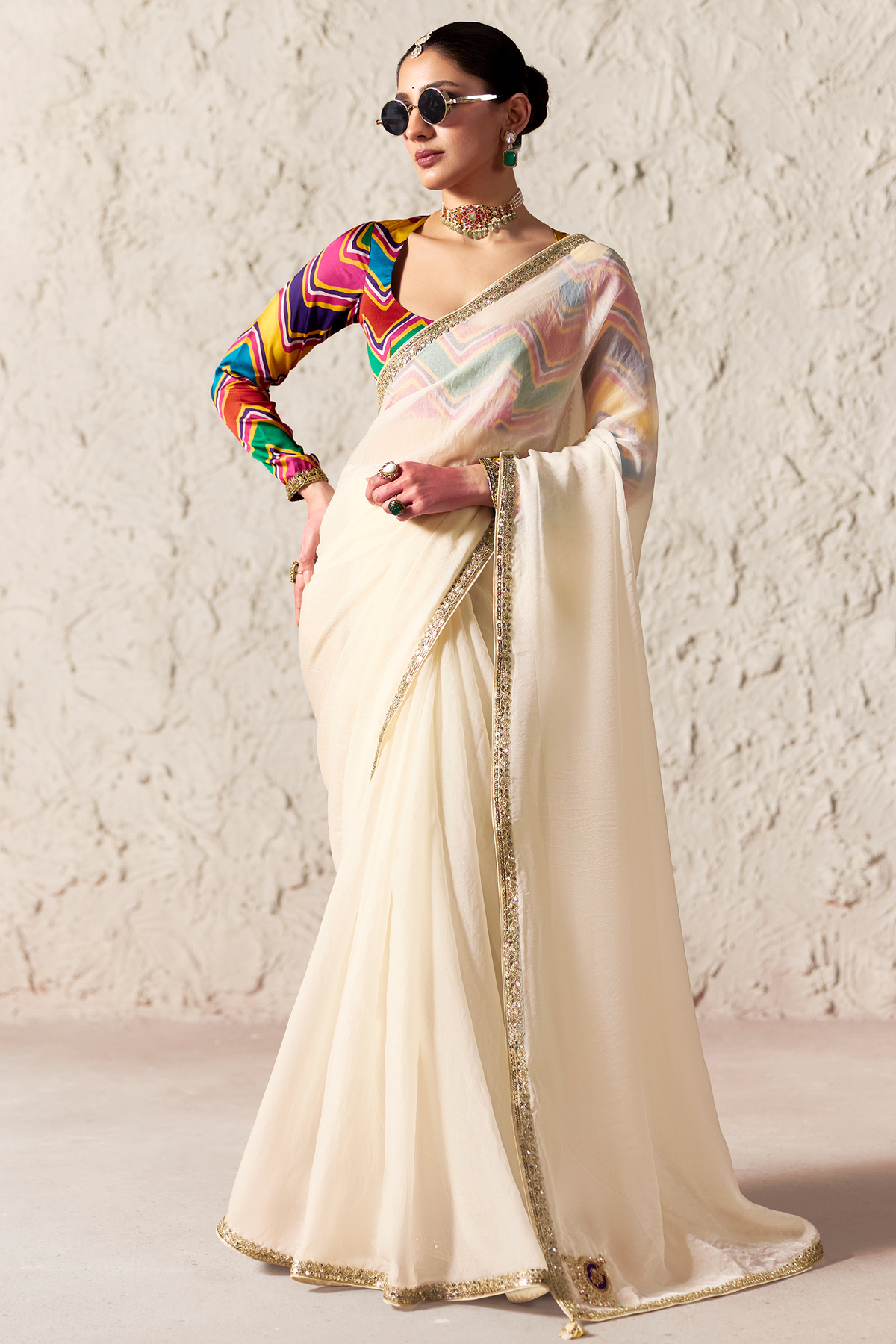 Ivory Cream Glass Tissue Saree with Sequin Butti Work And Multicolored Digital Print Blouse