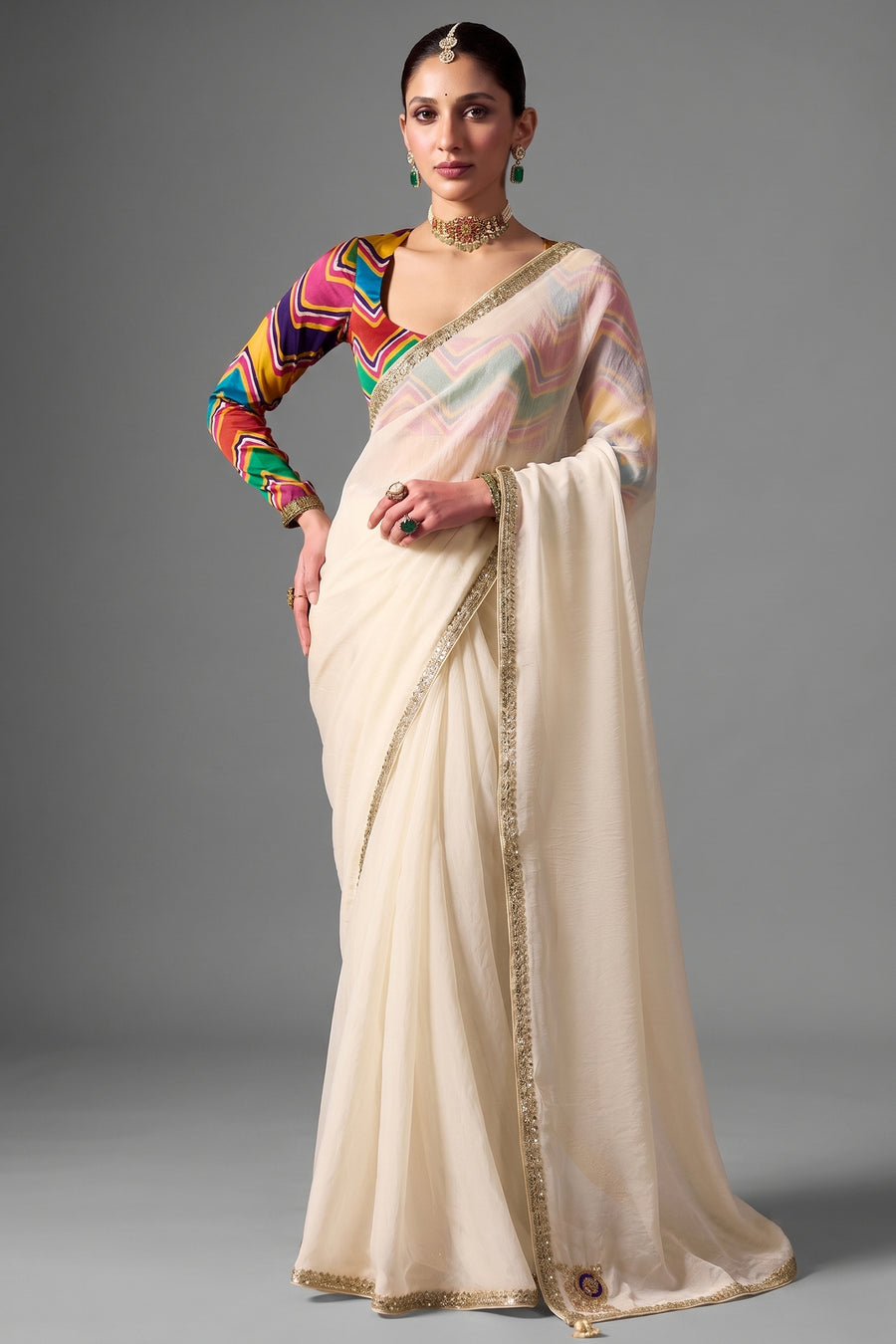 Ivory Cream Glass Tissue Saree with Sequin Butti Work And Multicolored Digital Print Blouse