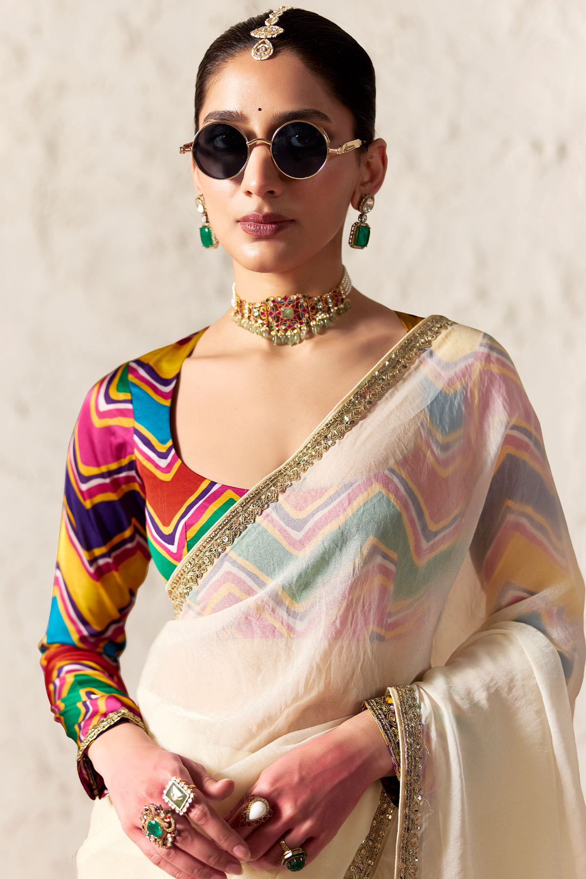 Ivory Cream Glass Tissue Saree with Sequin Butti Work And Multicolored Digital Print Blouse