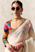 Ivory Cream Glass Tissue Saree with Sequin Butti Work And Multicolored Digital Print Blouse