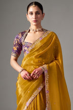 Antique Mustard Organza Saree Featuring Thread Embroidery