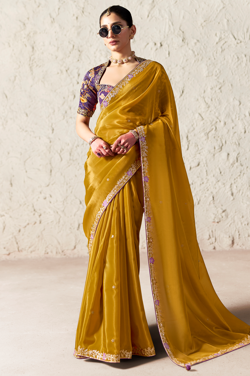 Antique Mustard Organza Saree Featuring Thread Embroidery