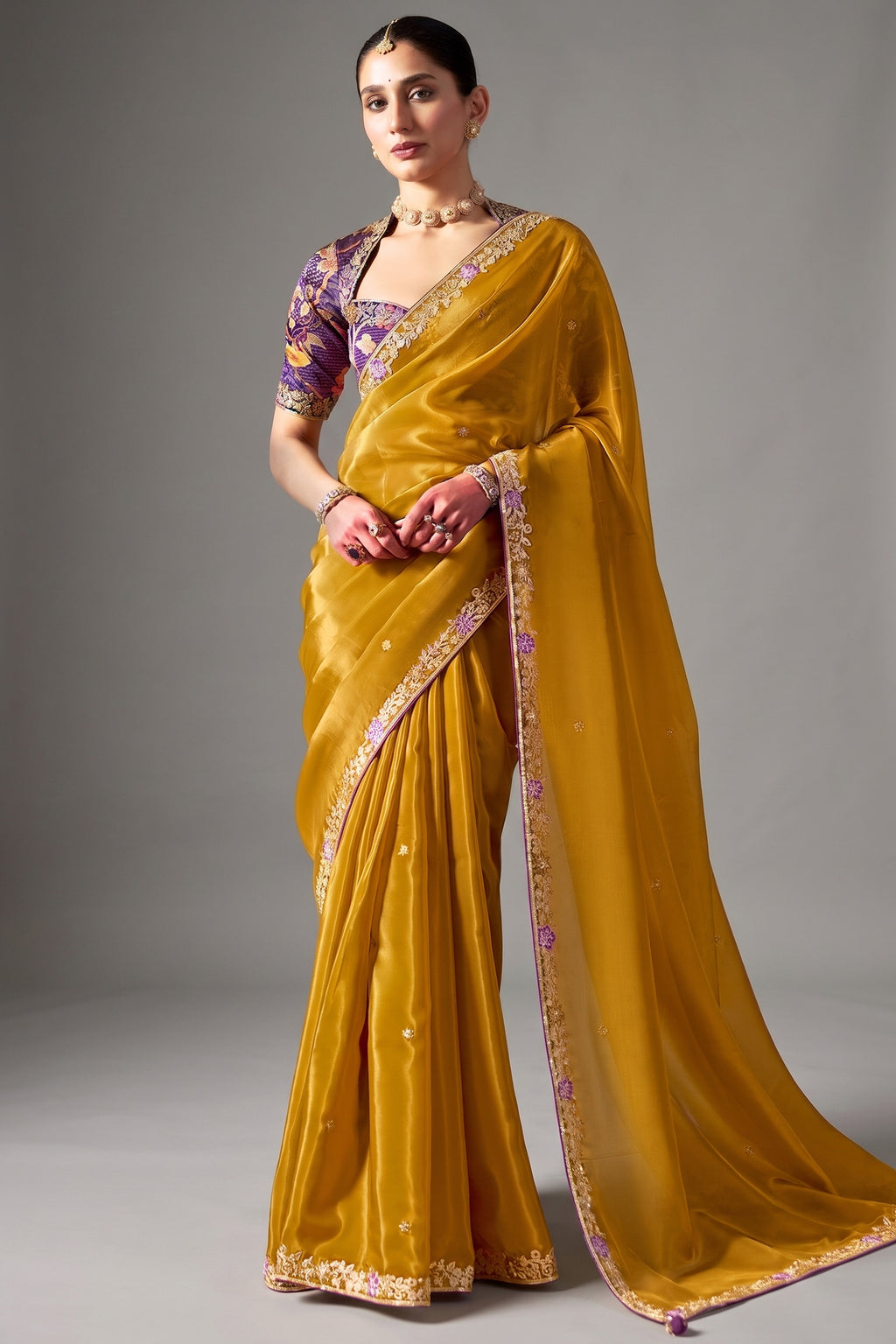 Antique Mustard Organza Saree Featuring Thread Embroidery