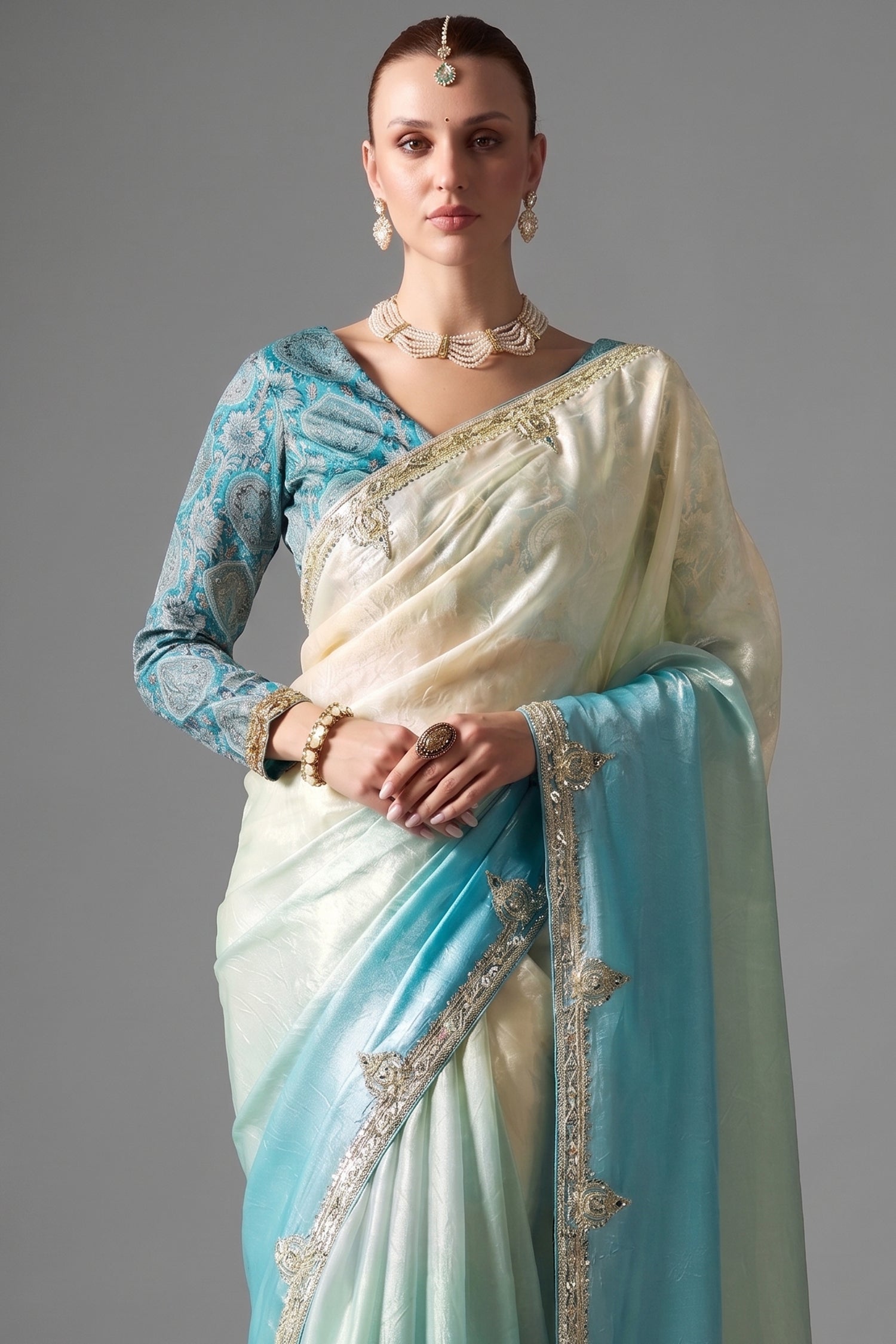 Ombre Sky Blue Tissue Saree Embellished With Sequins And Paired With A Matching Azure Print Blouse. Secondary image