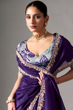 Deep Plum Purple Organza Saree With Embroidered Borders And A Floral Digital Print Blouse