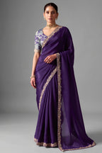 Deep Plum Purple Organza Saree With Embroidered Borders And A Floral Digital Print Blouse