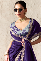 Deep Plum Purple Organza Saree With Embroidered Borders And A Floral Digital Print Blouse