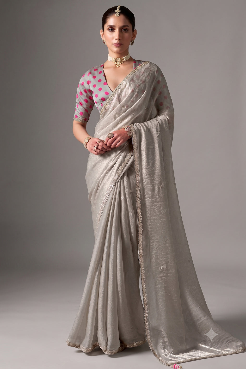 Pearl Grey Glass Tissue Saree Highlighted with Embroidered Work
