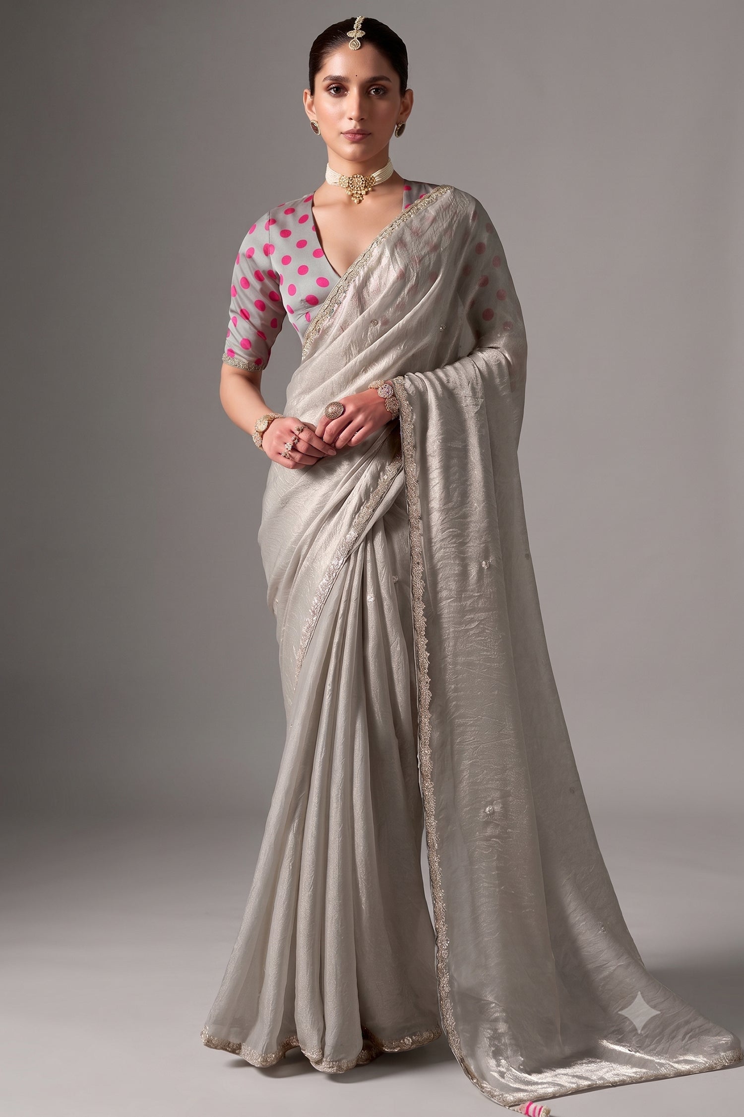 Pearl Grey Glass Tissue Saree Highlighted with Embroidered Work