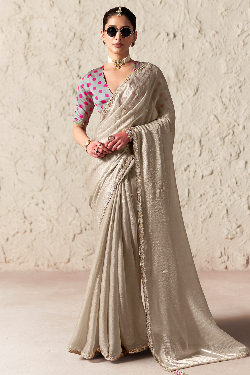 Pearl Grey Glass Tissue Saree Highlighted with Embroidered Work