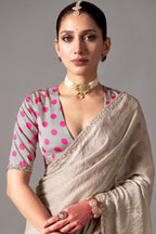 Pearl Grey Glass Tissue Saree Highlighted with Embroidered Work