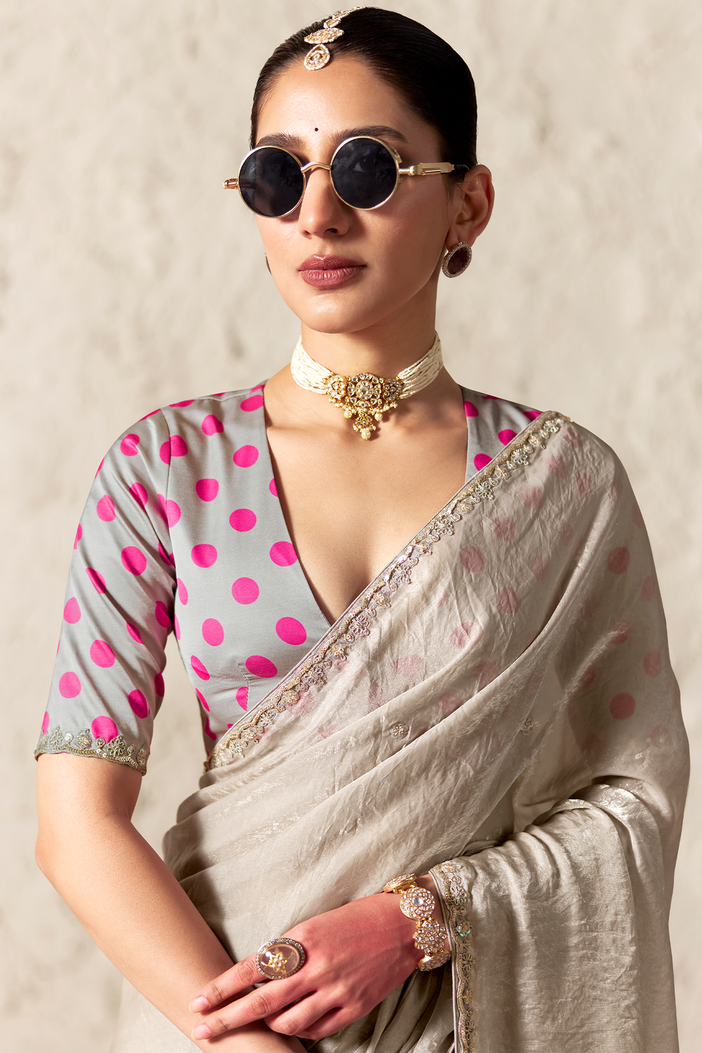 Pearl Grey Glass Tissue Saree Highlighted with Embroidered Work