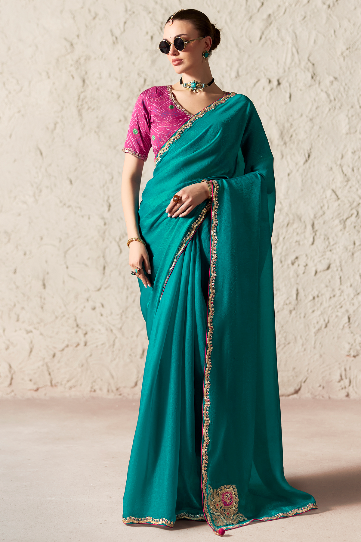 Emerald Teal Organza Saree with Showcasing Sequin Embroidery