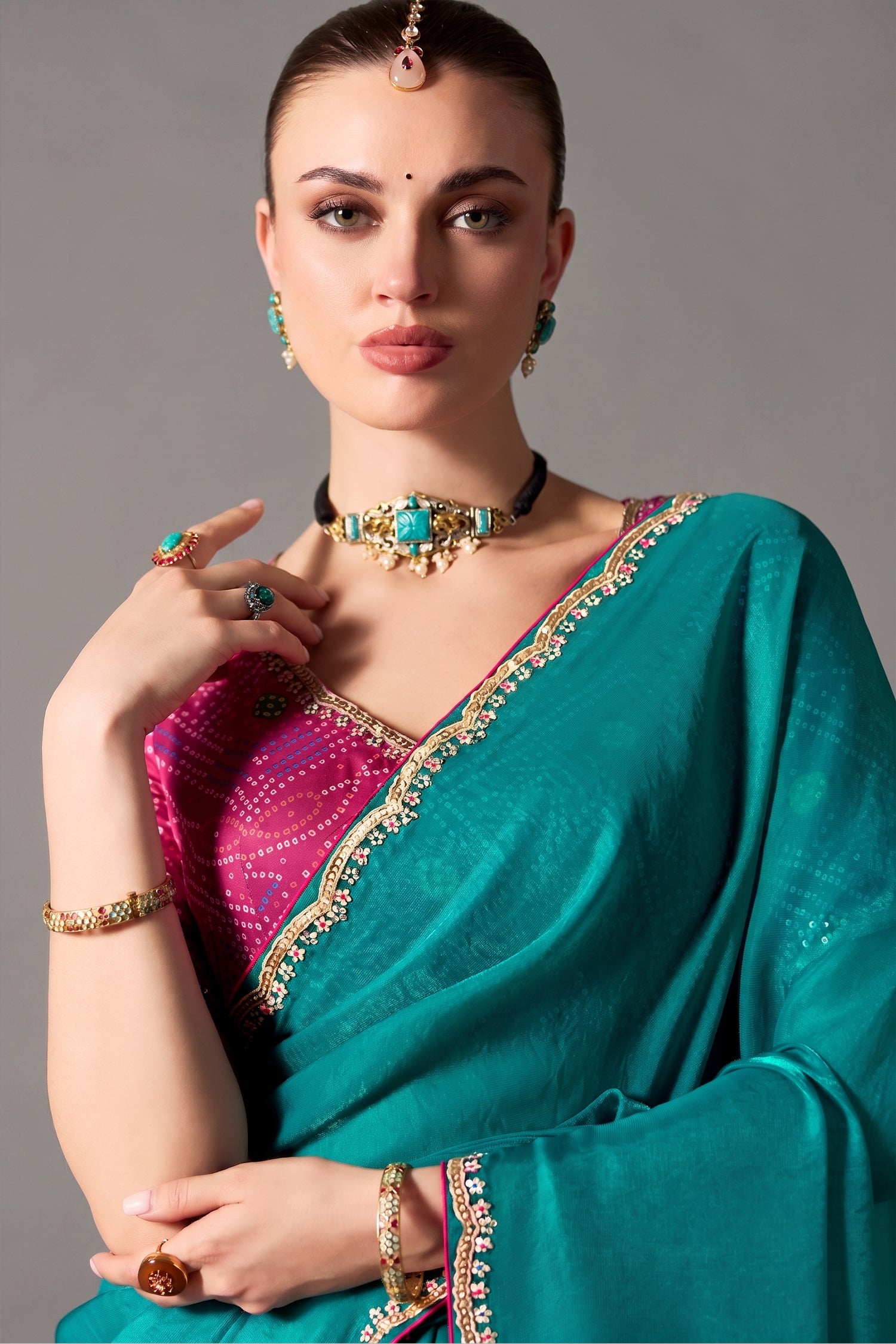 Emerald Teal Organza Saree with Showcasing Sequin Embroidery Secondary image