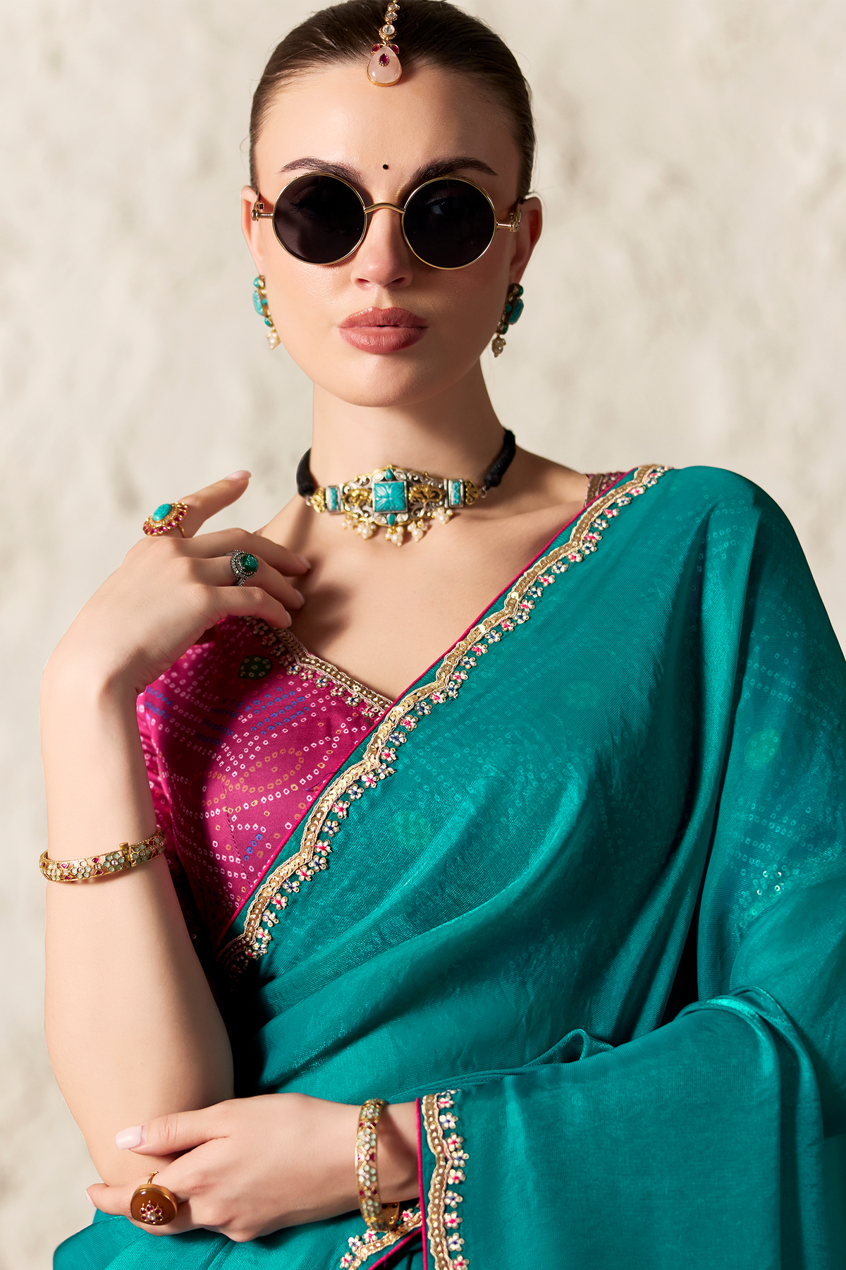 Emerald Teal Organza Saree with Showcasing Sequin Embroidery