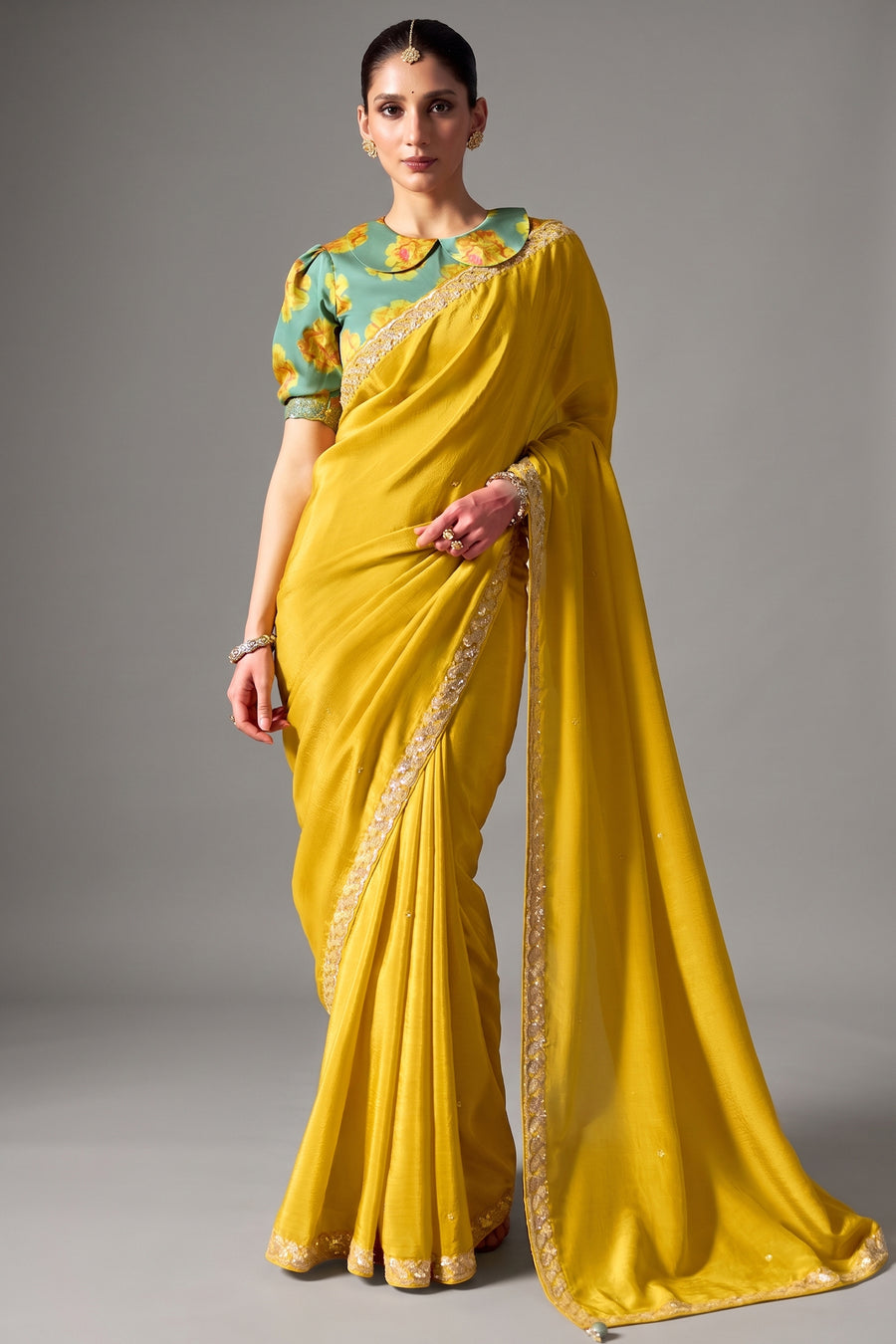 Vibrant Lemon Yellow Tissue Saree with Dhaga Embroidery