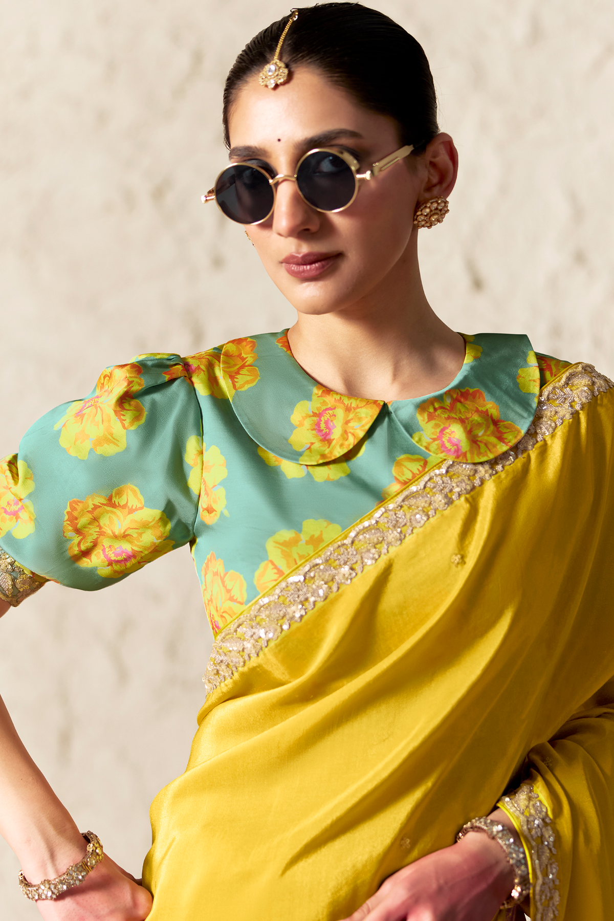 Vibrant Lemon Yellow Tissue Saree with Dhaga Embroidery