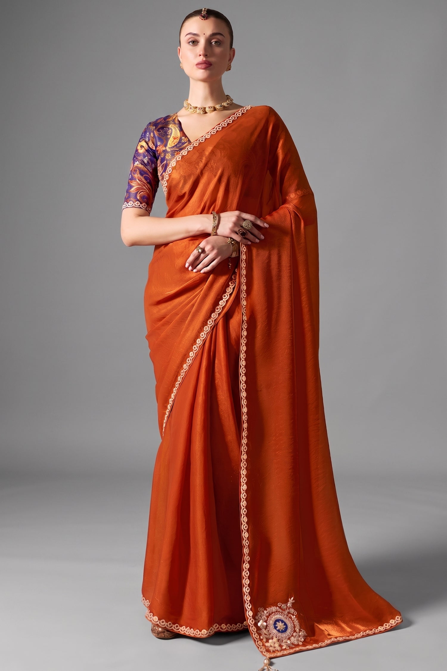 Rust Copper Organza Saree Detailed With Sequin Work Border Main image