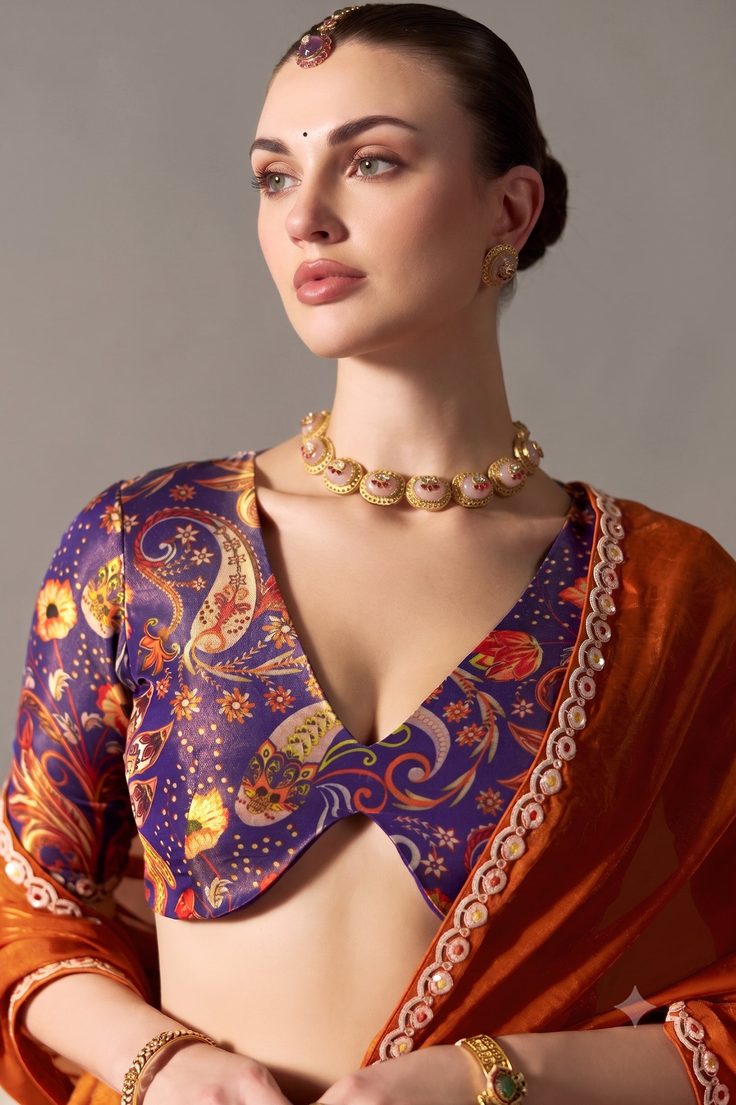 Rust Copper Organza Saree Detailed With Sequin Work Border Secondary image