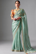 Seafoam Mint Glass Tissue Saree Embellished with Thread Buttis