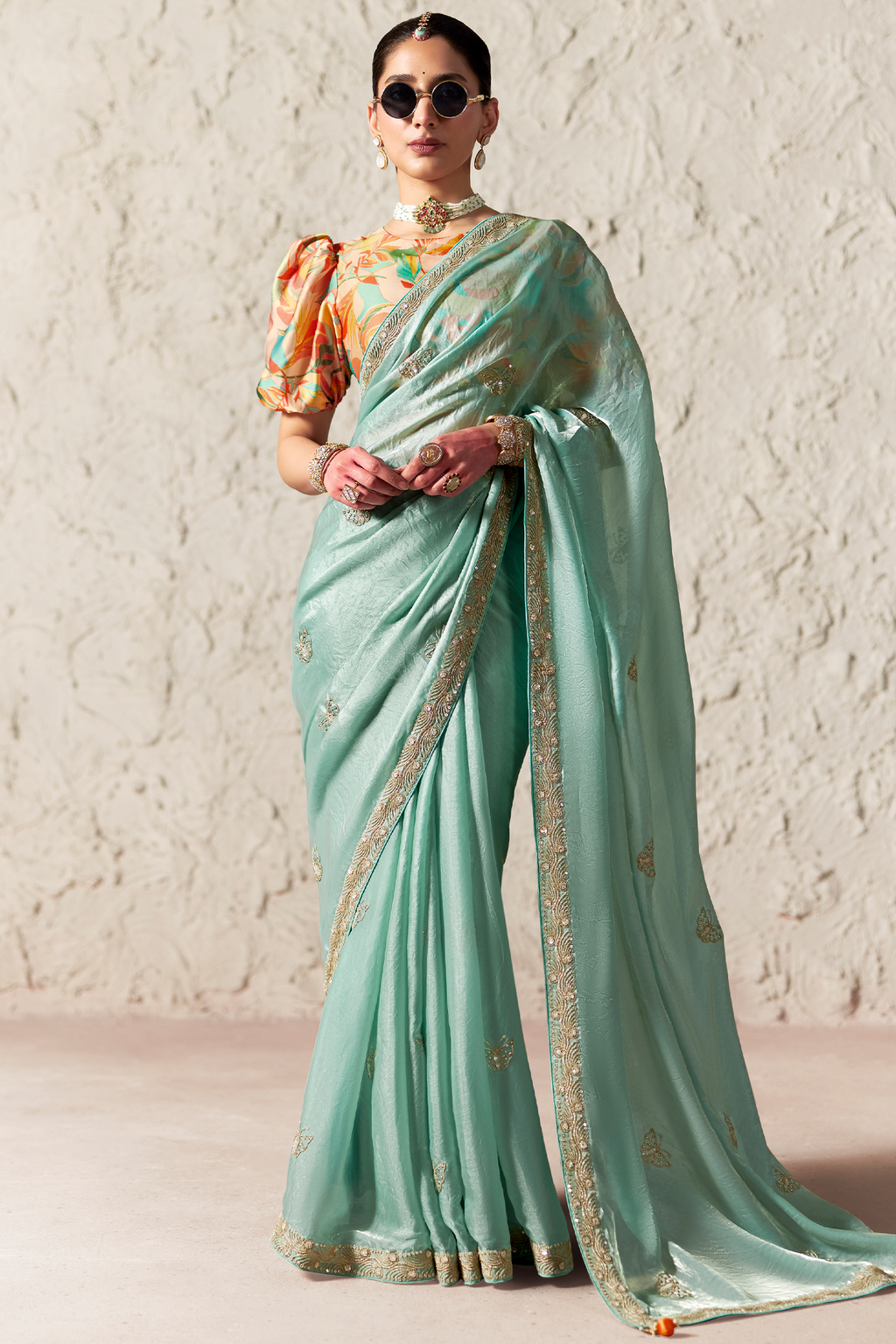 Seafoam Mint Glass Tissue Saree Embellished with Thread Buttis