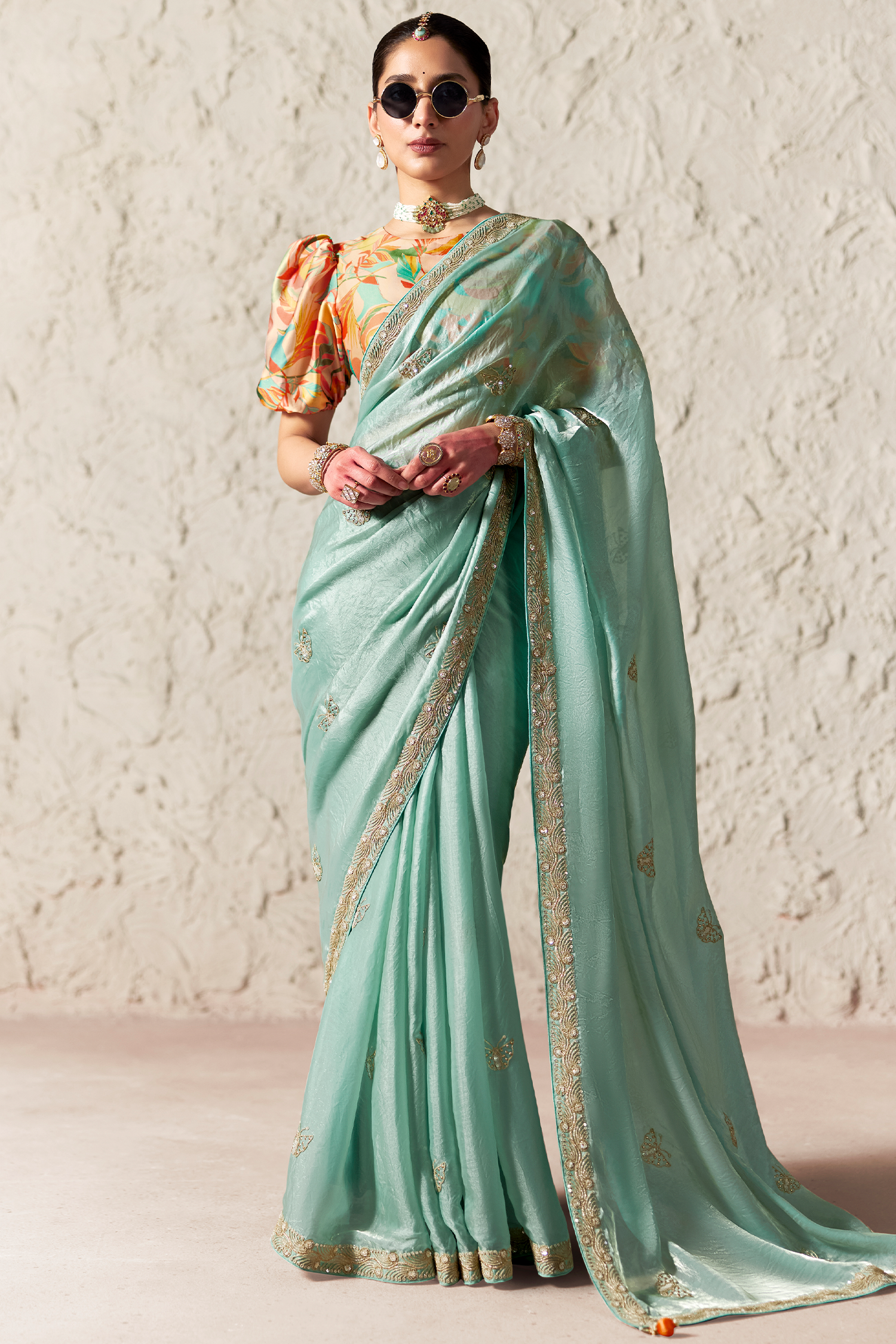 Seafoam Mint Glass Tissue Saree Embellished with Thread Buttis