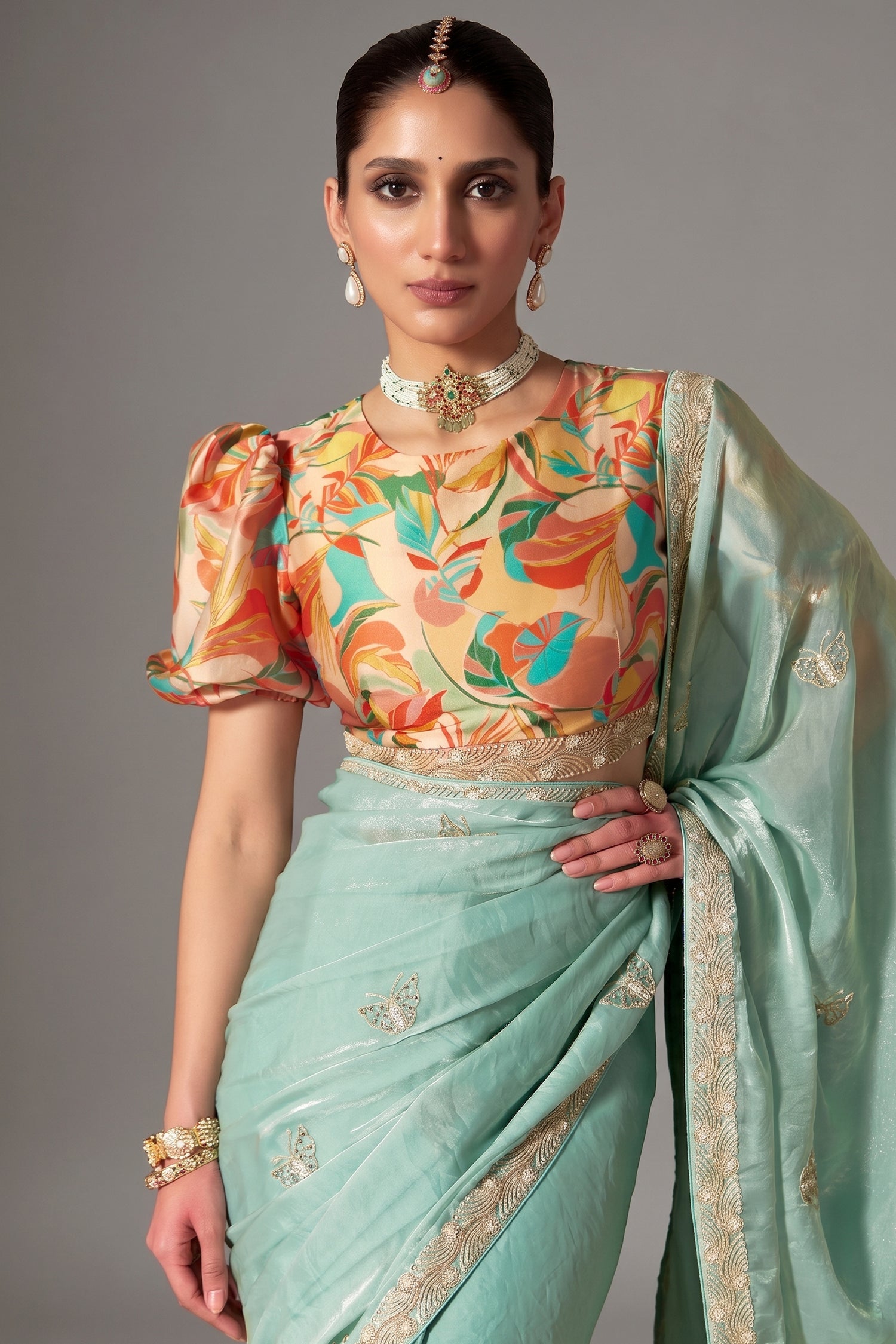 Seafoam Mint Glass Tissue Saree Embellished with Thread Buttis