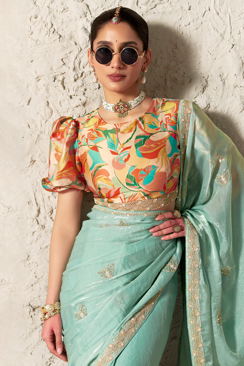 Seafoam Mint Glass Tissue Saree Embellished with Thread Buttis
