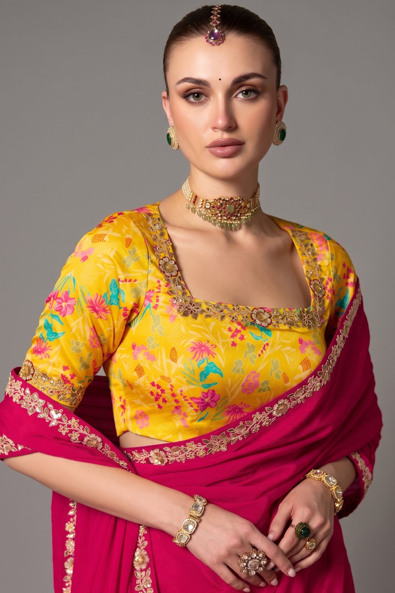 Hot Fuchsia Pink Organza Saree With Sequin Border Secondary image