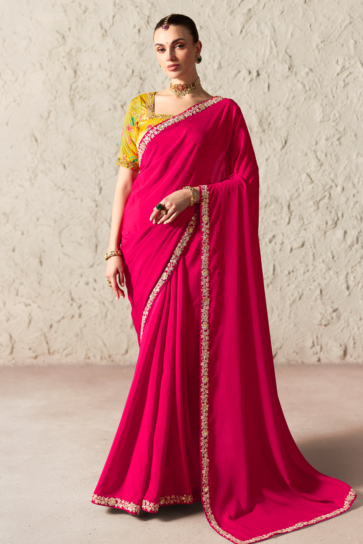 Hot Fuchsia Pink Organza Saree With Sequin Border