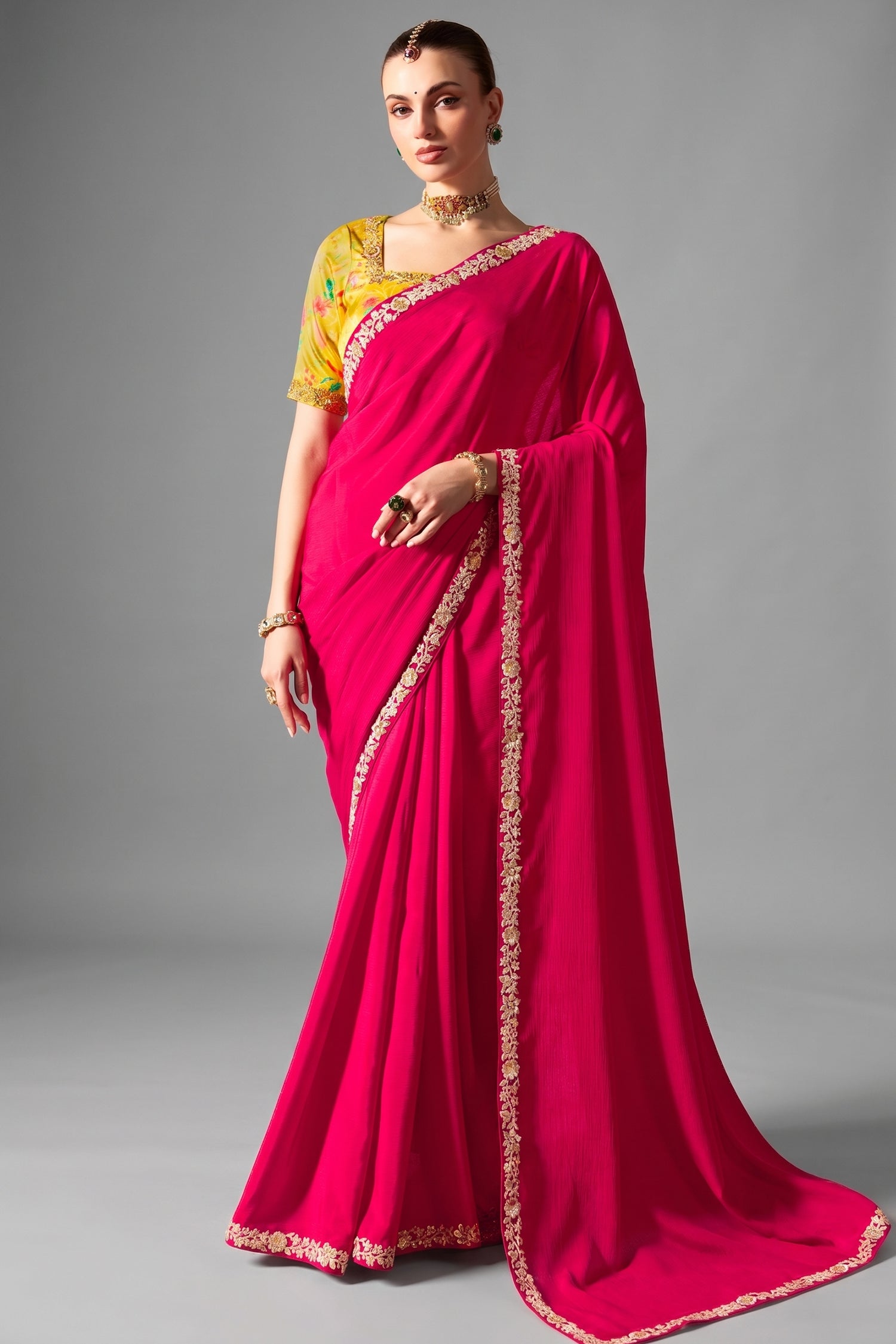 Hot Fuchsia Pink Organza Saree With Sequin Border Main image