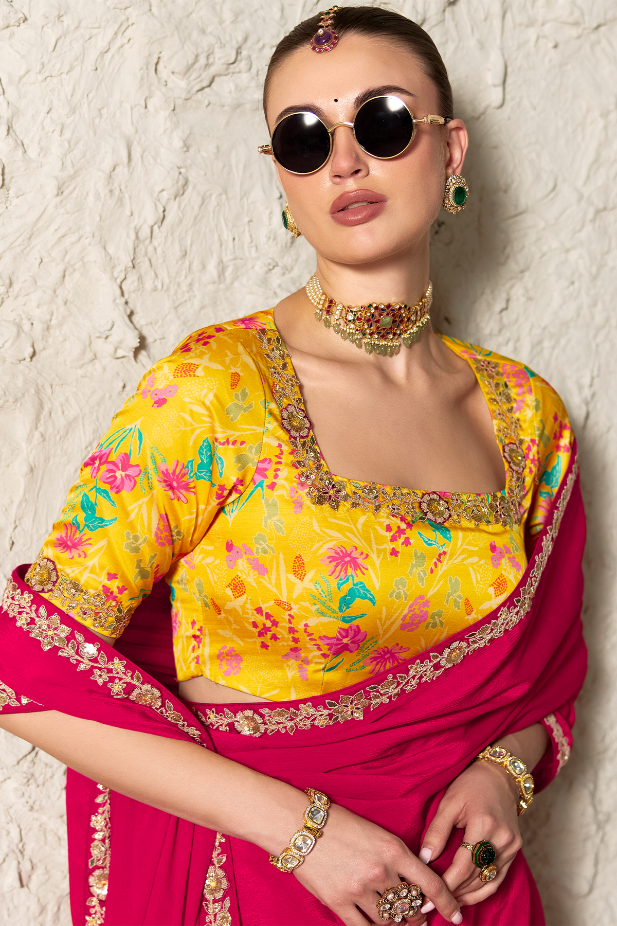 Hot Fuchsia Pink Organza Saree With Sequin Border
