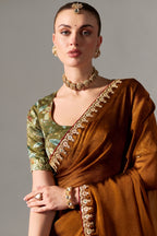 Rich Bronze Brown Tissue Saree Showcasing Embroidery
