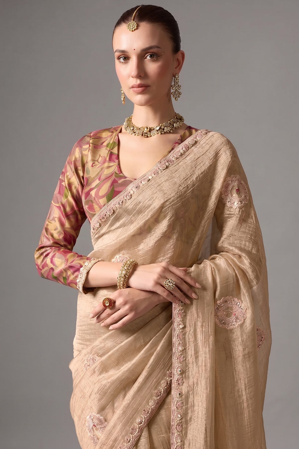 Champagne Beige Organza Saree With Subtle Sequin Work