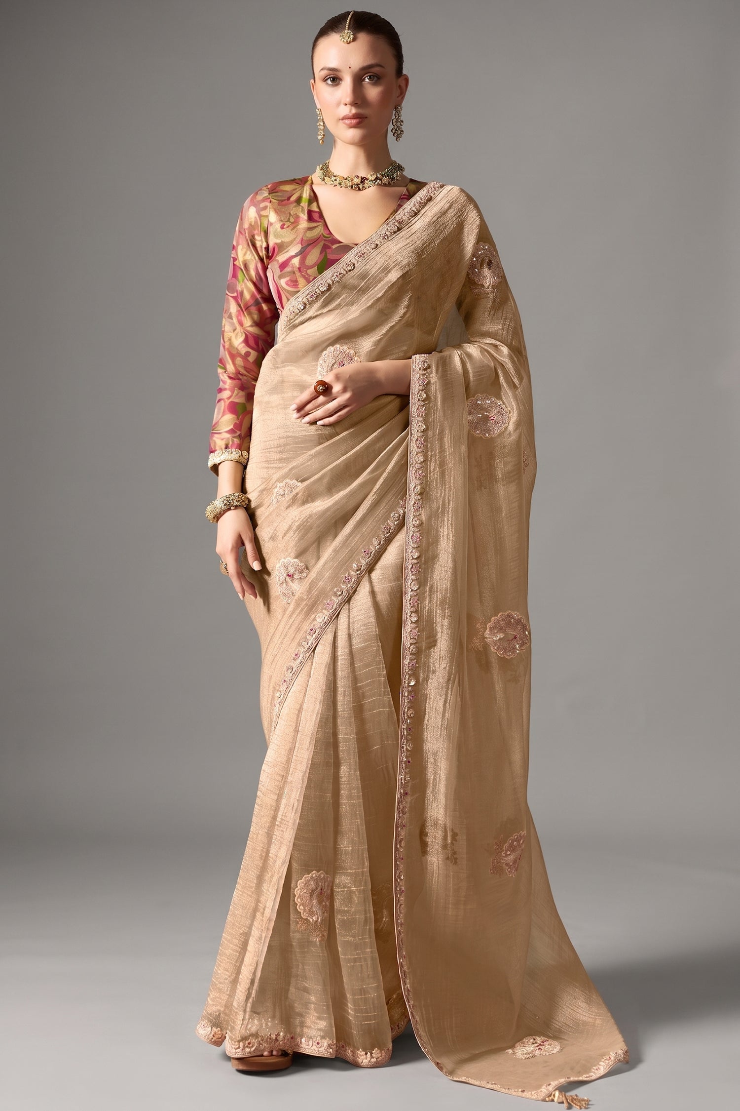 Champagne Beige Organza Saree With Subtle Sequin Work Secondary image