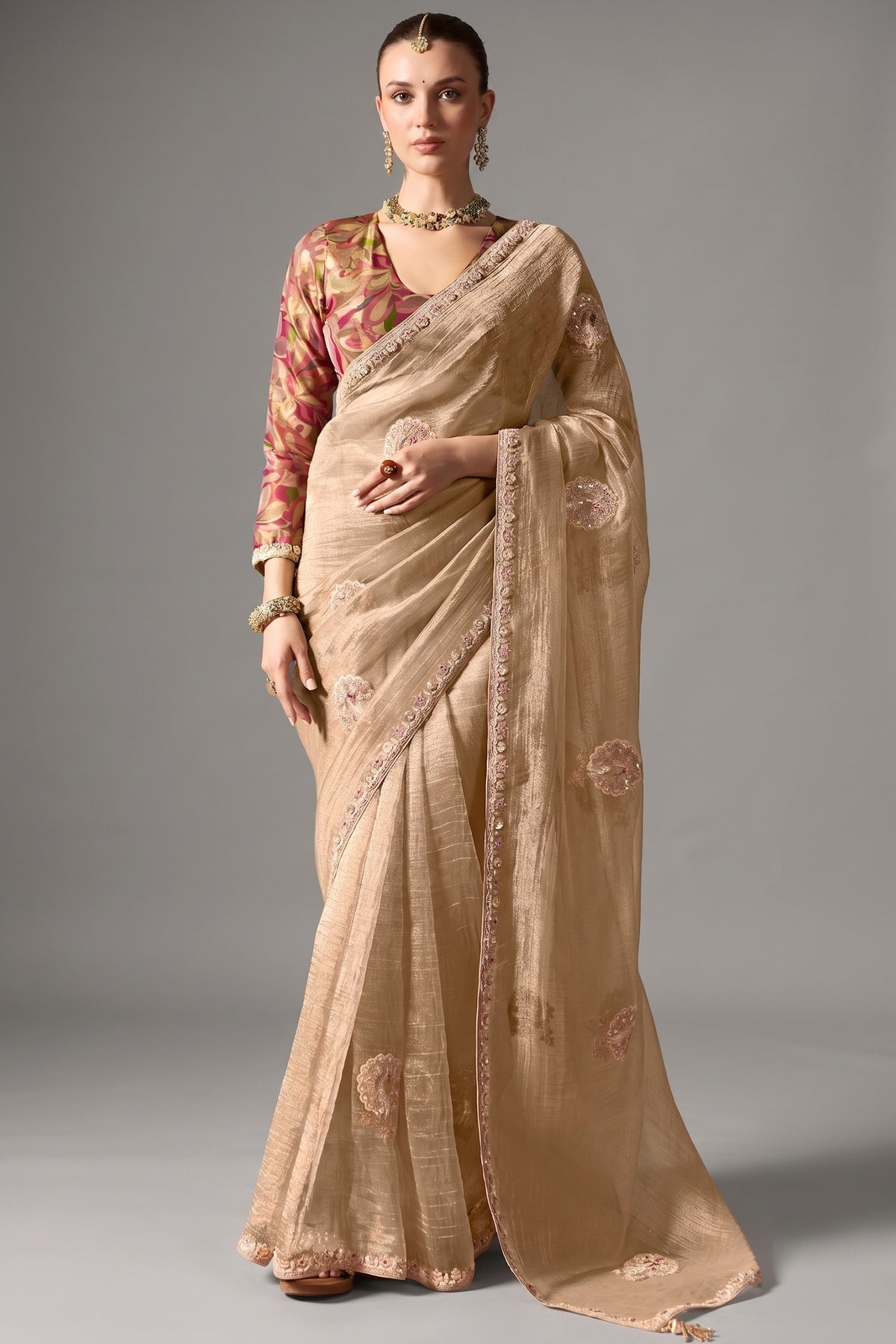 Champagne Beige Organza Saree With Subtle Sequin Work