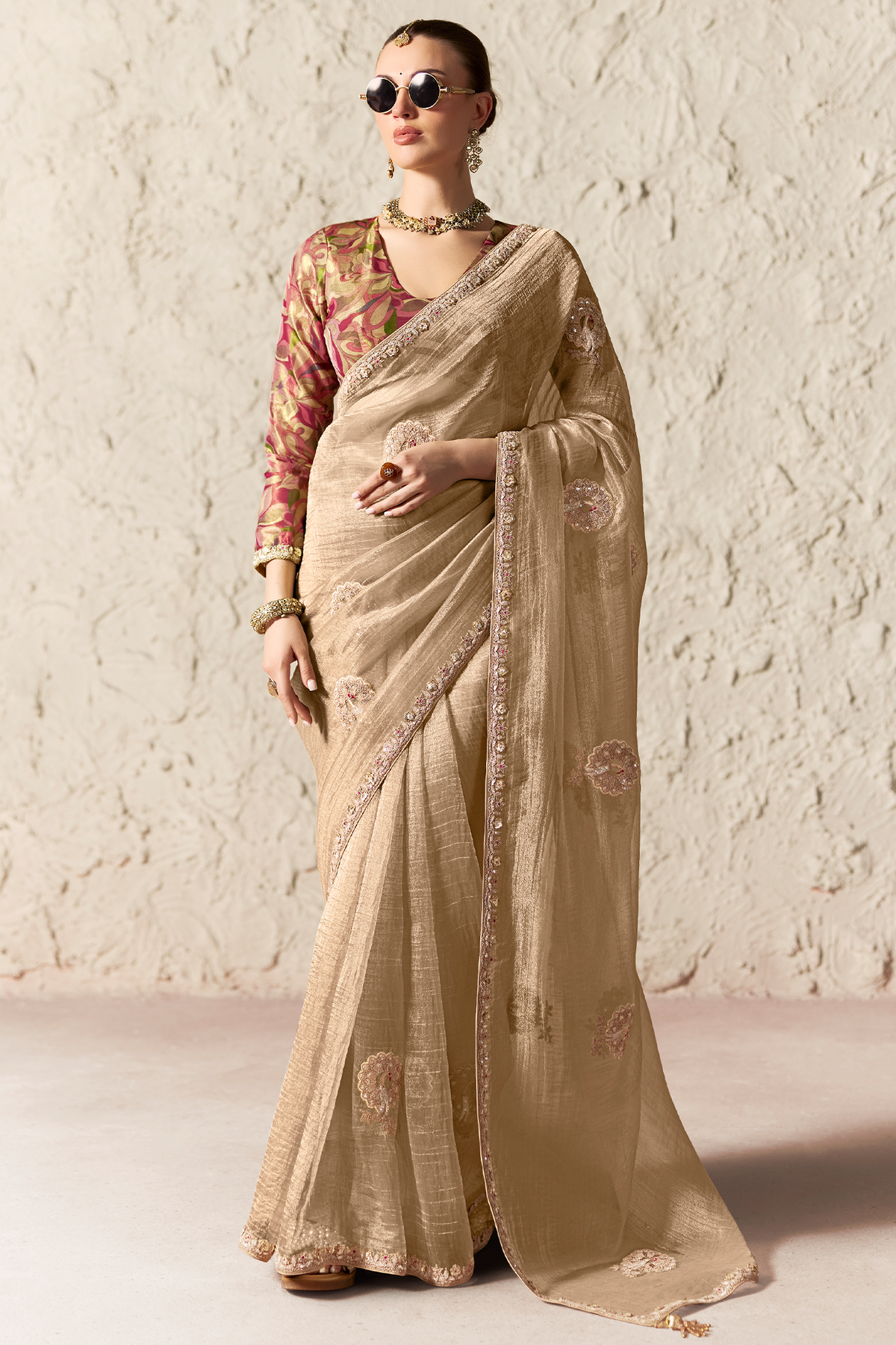 Champagne Beige Organza Saree With Subtle Sequin Work