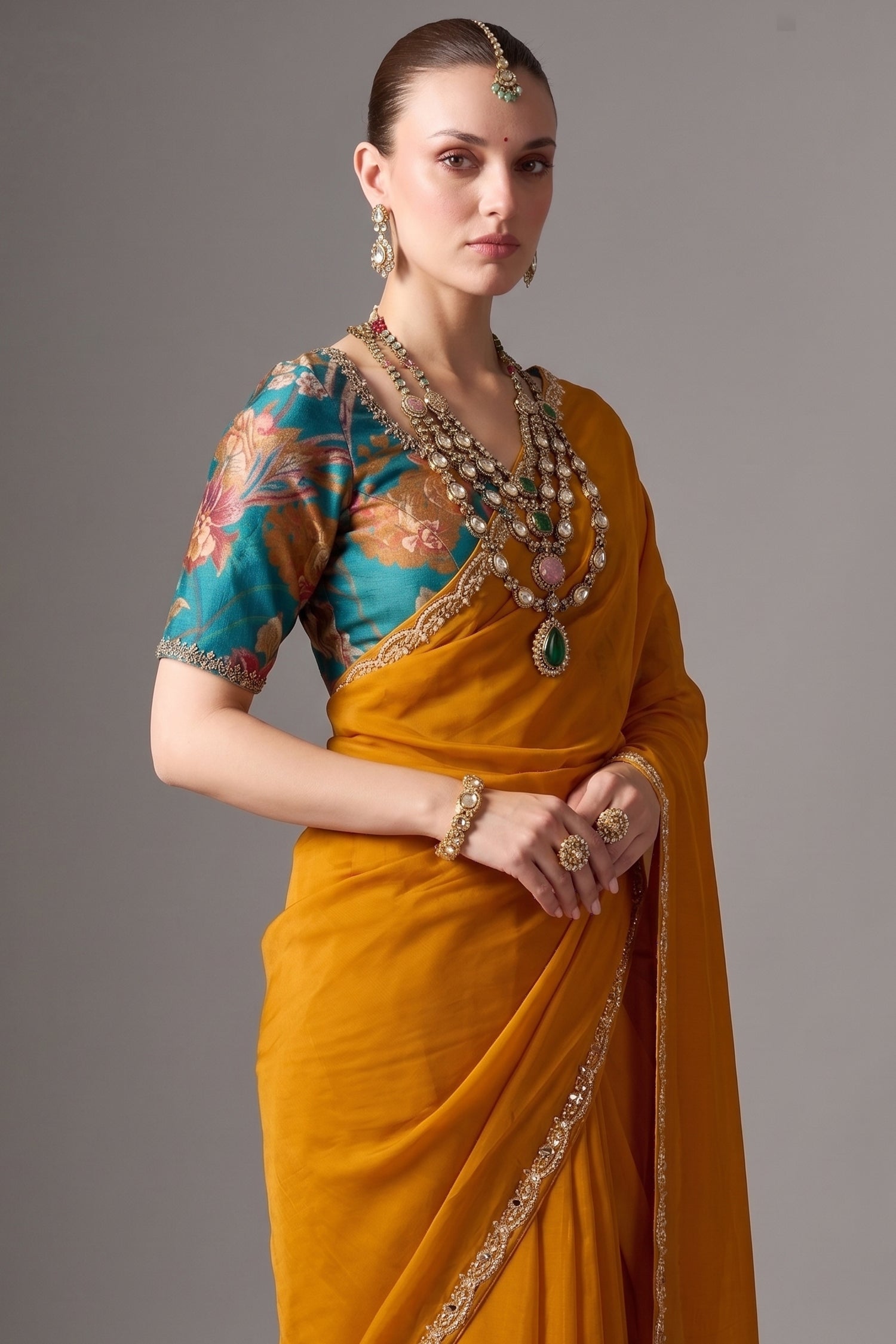 Marigold Orange Glass Tissue Saree With Thread Embroidery Secondary image