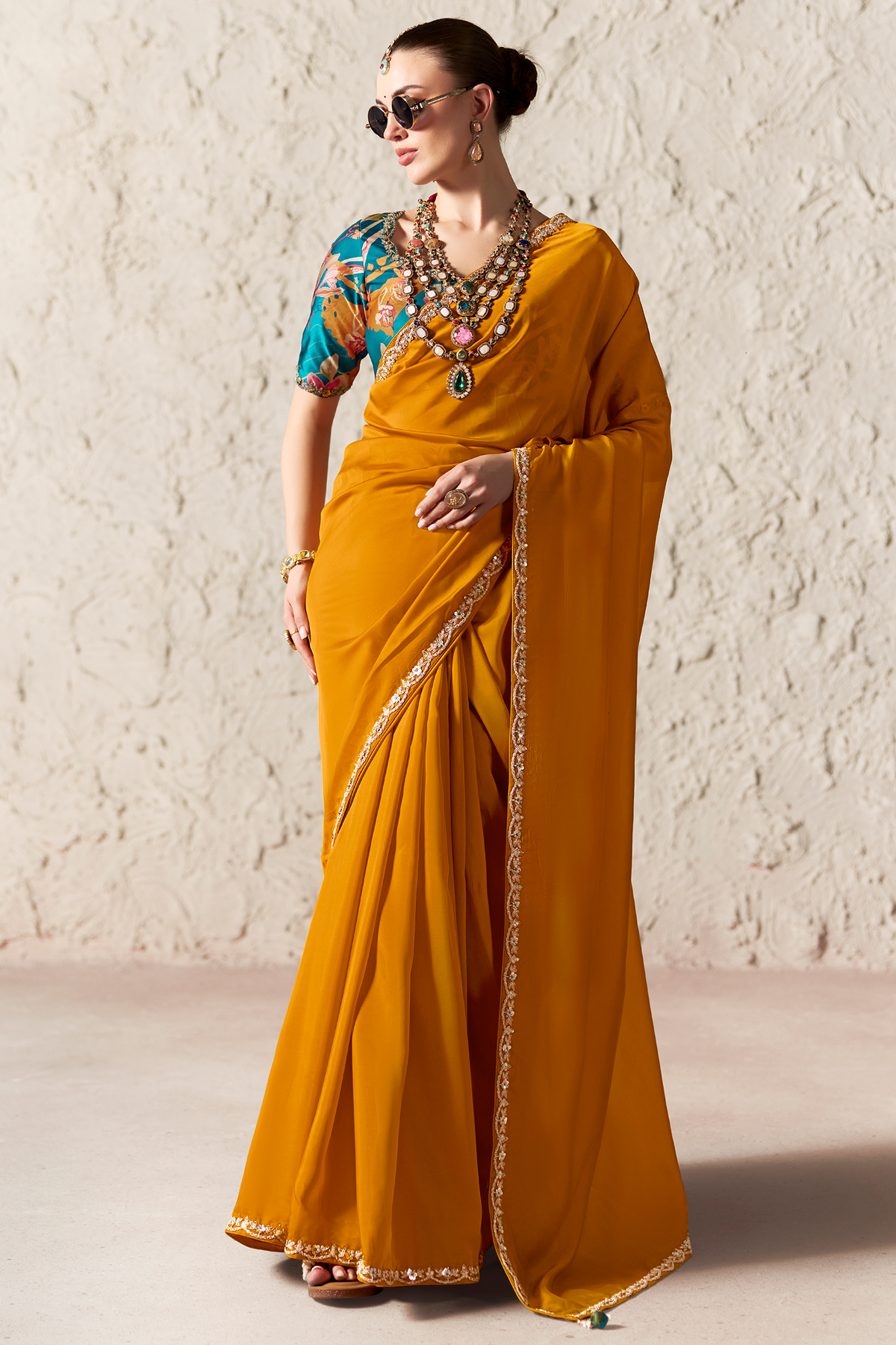 Marigold Orange Glass Tissue Saree With Thread Embroidery