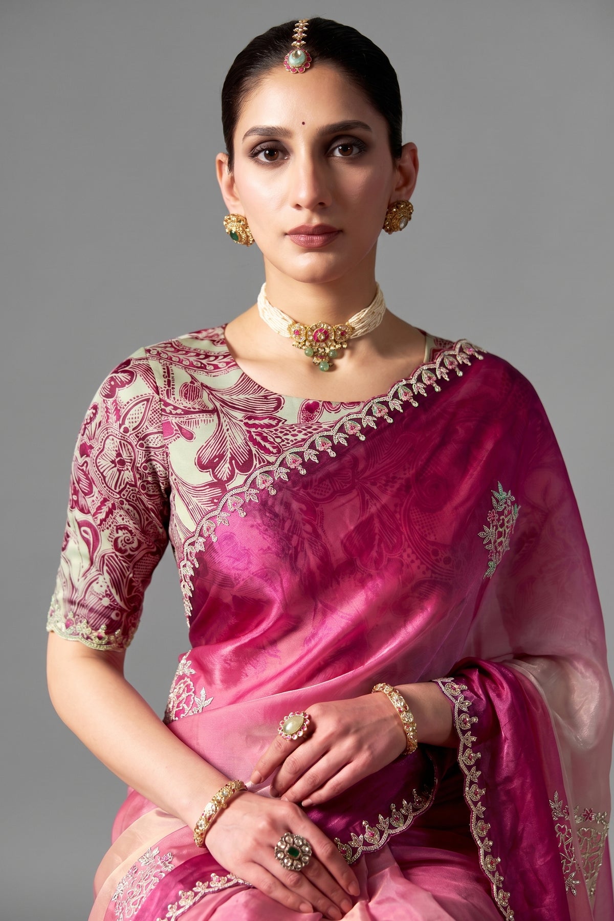 Magenta Dual-Tone  Ombre Tissue Saree With Dhaga Embroidery