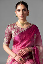 Magenta Dual-Tone  Ombre Tissue Saree With Dhaga Embroidery