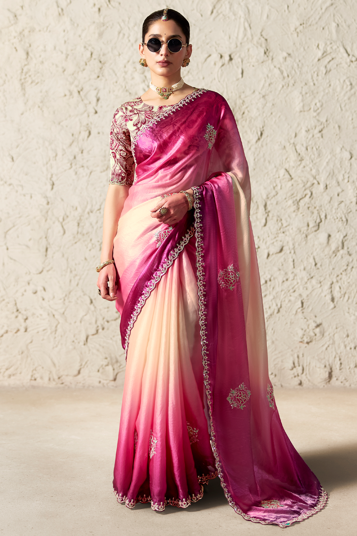 Magenta Dual-Tone  Ombre Tissue Saree With Dhaga Embroidery