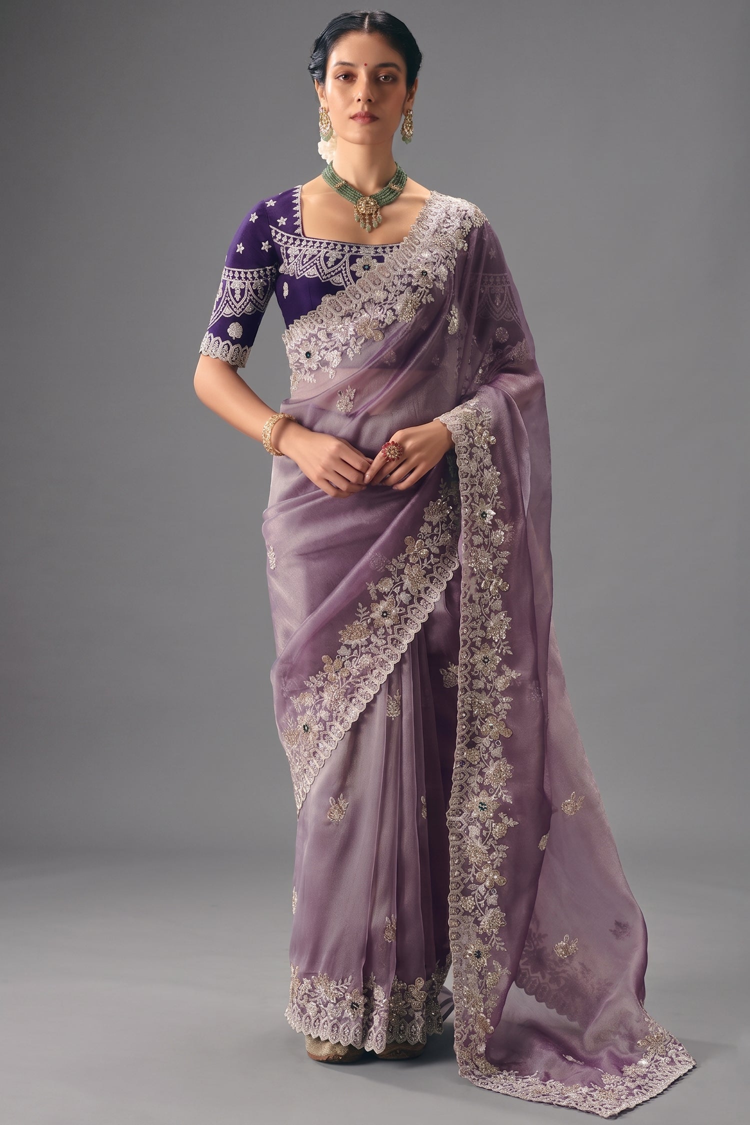 Lavender Mauve Organza Saree In Scallop Border Main image