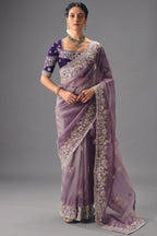 Lavender Mauve Organza Saree In Scallop Border